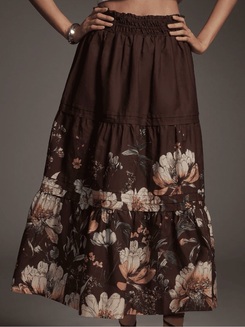 Anthropologie Somerset Brown Floral Tiered Maxi Skirt Cotton Boho Size XS New